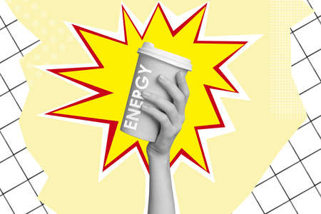 Collage 3d image of pinup pop retro sketch image of woman palm rising coffee cup fire blast isolated drawing backgroundの写真素材