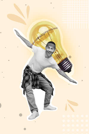 Collage 3d image of pinup pop retro sketch image of funny funky man wear lump rucksack isolated drawing backgroundの写真素材