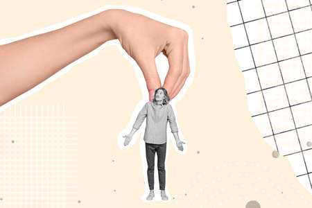 Creative abstract template graphics image of palm fingers hanging puzzled guy shrugging shoulders...