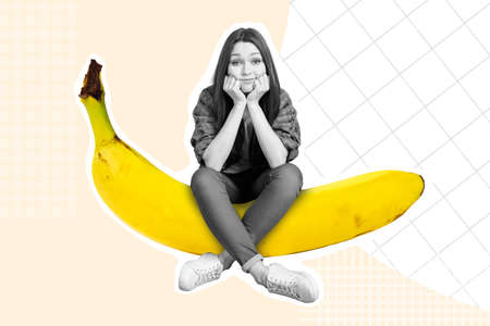 Creative retro 3d magazine collage of funny lady sitting big banana bench isolated drawing backgroundの写真素材