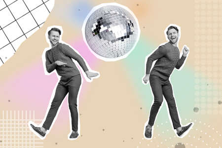 Photo artwork minimal collage of funny funky two same guys enjoying music dancing isolated beige drawing backgroundの写真素材