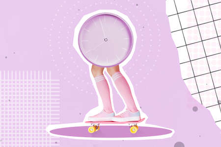 Photo cartoon comics sketch picture of clock on legs riding longboard isolated painting pink backgroundの写真素材