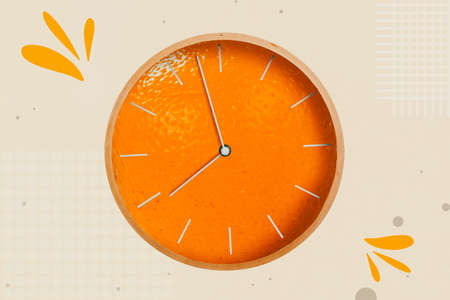 Creative 3d photo artwork graphics painting of orange fruit clock showing eight o clock isolated beige backgroundの写真素材