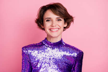Photo of young cheerful attractive girl happy positive smile look stunning gorgeous isolated over...