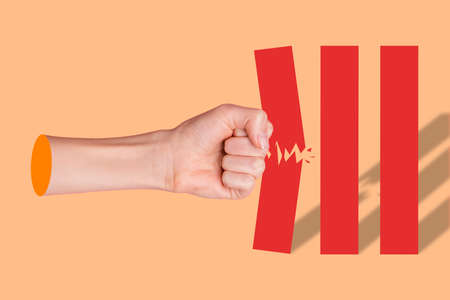 Composite collage illustration of human hand fist hit shoot drawing wall isolated on creative backgroundの写真素材