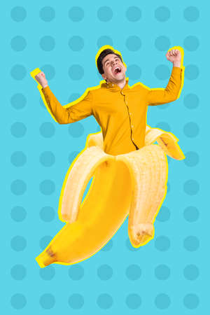 Collage 3d image of pinup pop retro sketch image of funky guy growing from banana rising fists isolated dotted backgroundの写真素材