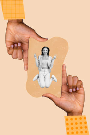 Vertical collage image of two huge arms show cadre gesture small girl jump demonstrate v-sign black white gammaの写真素材