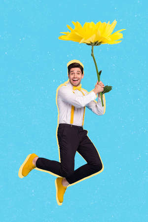 Vertical collage picture of excited positive guy arms hold huge yellow flower isolated on painted...