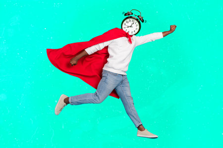 Composite collage portrait of flying guy clock instead head raise hand hurry rescue isolated on...