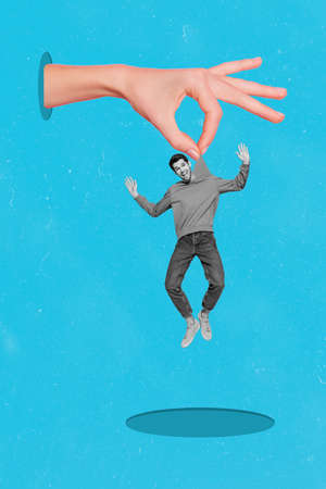 Vertical composite collage image of large arm fingers hold mini positive guy black white colors...