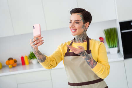 Portrait of attractive cheerful girl taking making selfie recording workshop culinary at home house kitchen indoorsの写真素材