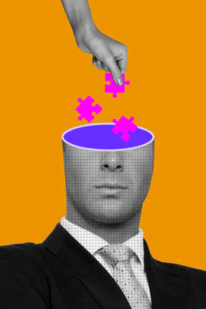 Vertical composite collage image of arm hold put puzzle pieces open painted head black white gamma...