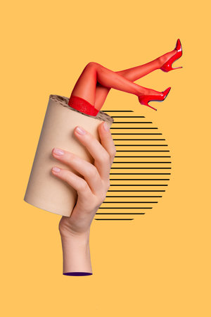 Vertical composite collage illustration of big arm hold drink paper cup fit slim girl legs stick isolated on creative backgroundの写真素材