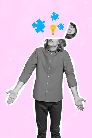 Vertical collage illustration of guy black white effect shrug shoulders open head puzzle pieces...