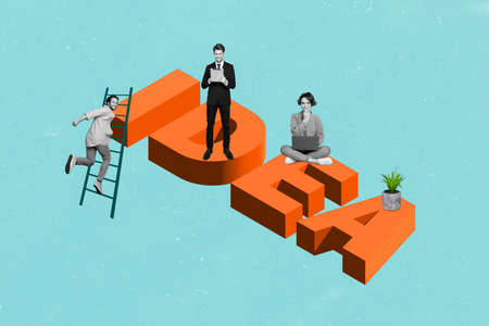 Composite collage illustration of small business people coworking huge letters text idea isolated on...
