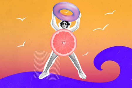 Creative abstract template graphics image of lady rising swimming buoy orange instead of body jumping waves isolated drawing backgroundの写真素材