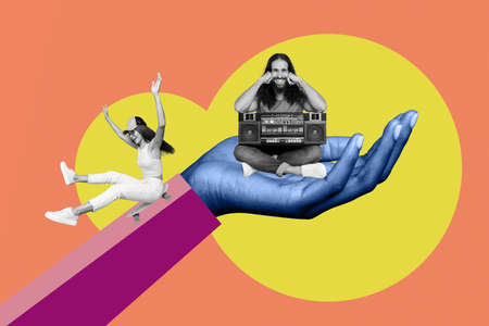 Exclusive painting magazine sketch image of lady riding down board man enjoying boom box sitting arm isolated drawing backgroundの写真素材