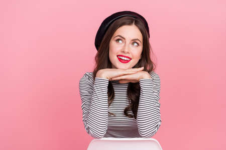 Portrait of stylish trendy minded lady fashionista look empty space think discounts isolated pastel...