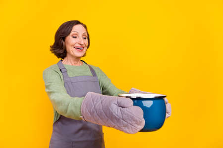 Portrait of attractive cheery grey-haired woman giving homemade cuisine saucepan dish isolated over...