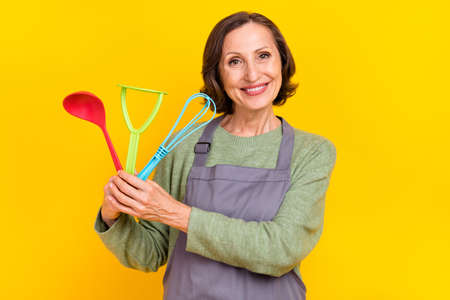 Portrait of attractive cheerful woman housewife holding kitchenware enjoying home cuisine isolated...