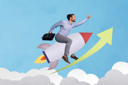 Collage picture of young businessman achieve his goals flying on rocket up in sky grow professionally isolated on painting backgroundの写真素材