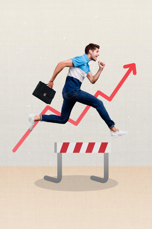 Vertical composite portrait of running business person hold briefcase drawing growth up arrowの写真素材