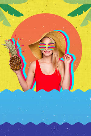 Vertical composite collage picture of satisfied person touch sunhat hold pineapple isolated on...