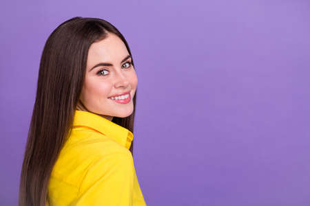 Profile side view portrait of attractive cheerful brown-haired girl copy space ad isolated over...