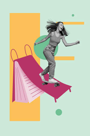 Pop retro collage of lady ride longboard organizer end summer weekends isolated paint image color...