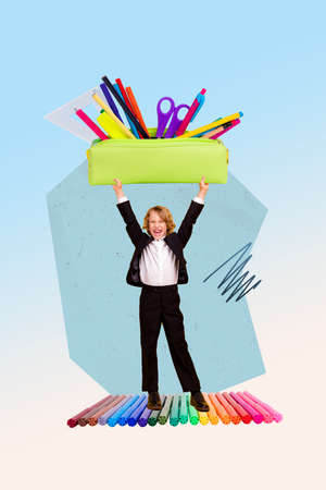 Vertical collage picture of excited little boy stand colorful pen hands hold big pencil case isolated on painted backgroundの写真素材