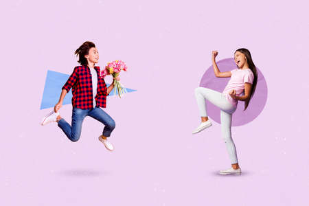 Abstract poster collage of two children boy run with bouquet little lady fist up winner isolated...