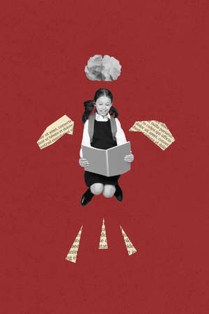 Artwork magazine picture of little girl wear backpack reading interesting fairytale isolated red panting backgroundの写真素材