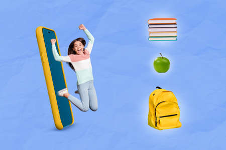 Creative abstract template graphics image of small schoolkid jumping rising fists ready lerning...