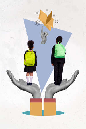 Poster sketch collage of two school child stand on huge hands wait gain new material from flying textbookの写真素材