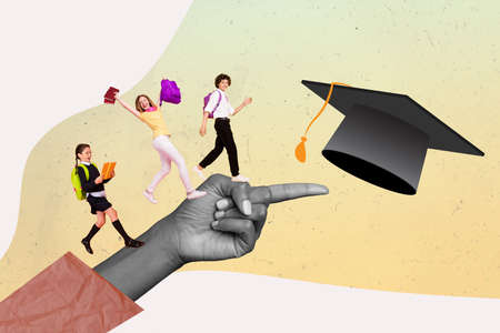 Photo cartoon comics sketch picture of schoolkids walking huge arm pointing big graduating headwear...