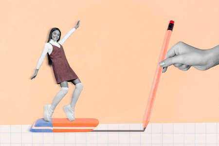 Photo artwork minimal picture of carefree schoolgirl riding eraser arm drawing line isolated drawing...