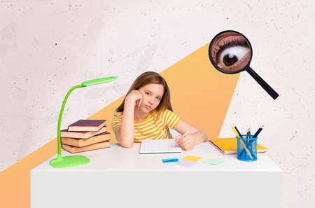 Composite collage picture of unsatisfied bored girl prepare homework magnifier lens eye spying watching isolated on creative backgroundの写真素材