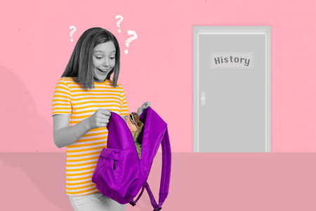 Creative retro 3d magazine image of little girl open backpack reptilia inside isolated drawing pink...