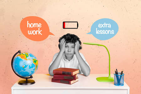 Collage portrait of tired unsatisfied boy black white gamma hands touch head think home work extra...