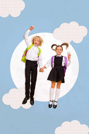 Artwork magazine picture of happy smiling schoolchildren flying air showing v-sign isolated drawing...