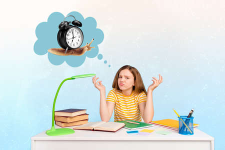 Creative collage image of minded clueless girl sit desktop think slow snail clock isolated on...