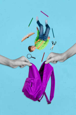 Creative retro 3d magazine image of little boy falling inside schoolbag isolated drawing blue backgroundの写真素材