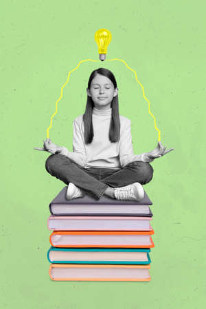 Creative abstract template graphics image of little schoolkid sitting book pile genius thinking isolated green drawing backgroundの写真素材