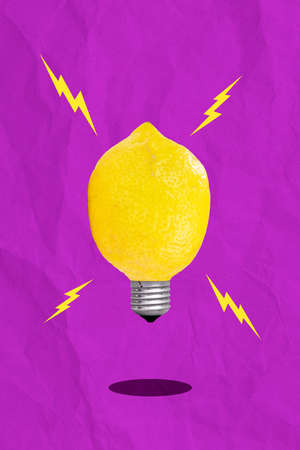 Creative retro 3d magazine collage of yellow lemon instead of lamp isolated pink violet purple color backgroundの写真素材