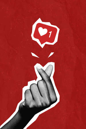 Creative collage picture of black white effect hand showing heart symbol give like notification...