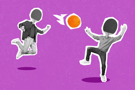 Creative collage image of two people black white gamma table tennis rackets instead head play tennis...