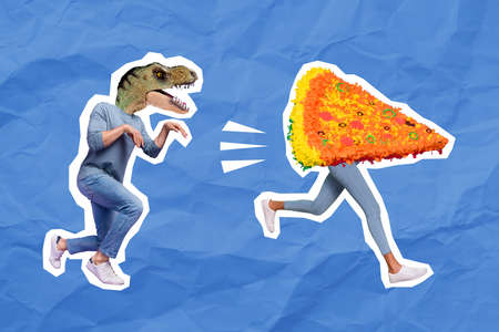 Creative poster collage of crazy person with dino raptor face hurry yummy pizza body isolated blue...