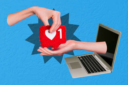3d retro abstract creative artwork template collage of arms holding heart like sign growing laptop...