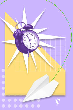 Collage 3d image of pinup pop retro sketch of ringing clock flying paper plane isolated painting...