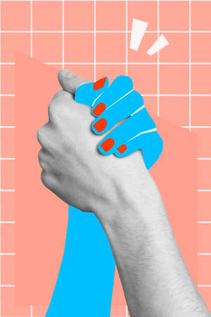 Creative collage illustration of two arms black white blue colors holding together support isolated...